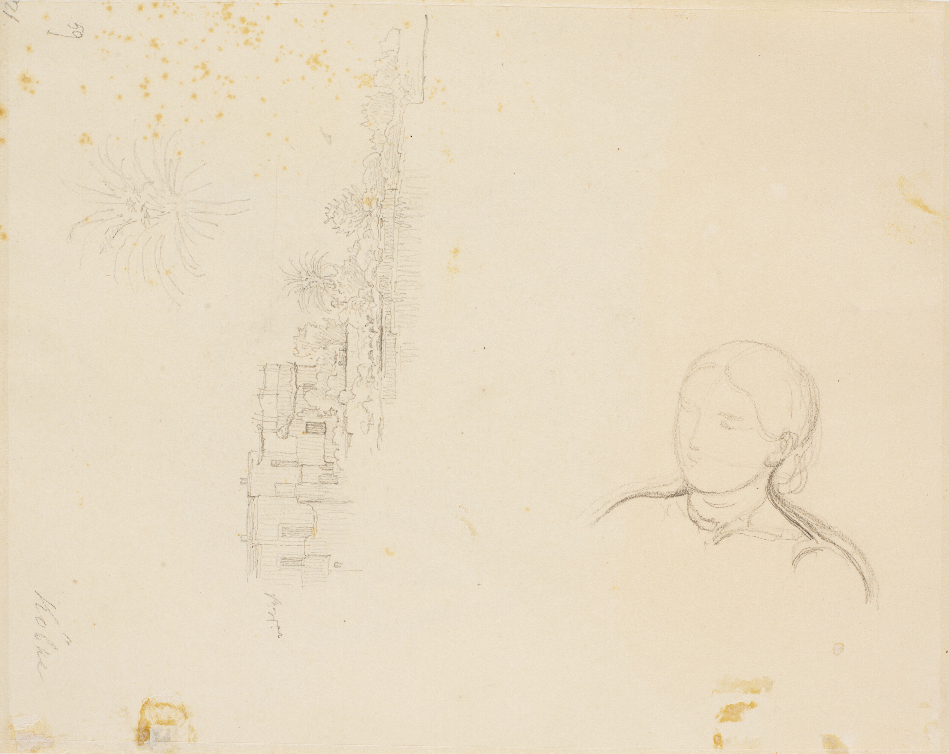 Kvindehoved og Italiensk landskabsrids med en enkelt farveangivelse